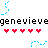 Pixelated icon with blue curved line, black text 'genevieve', and five red hearts on white background.