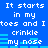 Blue background with white pixelated text repeating 'It starts in my toes and I crinkle my nose' across two , each containing identical repeated lines