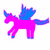 Pixelated pink unicorn with blue wings and tail, standing in profile against white background.