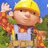 Pixelated cartoon character in yellow hard hat and orange-red shirt waves against blue sky with green foliage background.