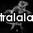 Pixelated black-and-white image of a figure with text 'tralalc' overlaid, alongside pink heart and purple text on white background.