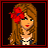 Pixel art contact sheet showing a female character with long brown hair, red bow, and black-and-white outfit across six frames including full-body, partial views, and text.