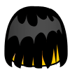 Four of a cartoon-style head with black hair and yellow-orange flame-like lower sections against gray background