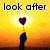 A hand holds a glowing heart against a sunset sky with text reading "look after my heart i've left it with you".