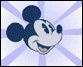 Mickey Mouse head in profile with smiling expression, set against radiating striped background that shifts through multiple color variations.