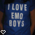 Blue shirt with white text "I LOVE EMO BOYS" and two heart symbols, one outlined and one filled.