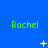 Green text 'Rachel' repeated across a blue background with yellow star-like animations appearing and changing in position.