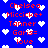 Blue background with red text listing names and 'love' surrounded by white pixelated hearts.