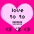 Pixelated pink heart with black text 'i love to to !!!!!' and three '<3' symbols on a bright pink background.