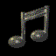 metallic silver musical notes on a black background, varying in size and orientation across four