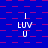 Blue background with purple square patterns; white text 'LUV' and vertical lines above and below it repeated in a