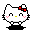 Pixel art of a white cat with red bow, pink cheeks, and yellow nose in three poses above two pink envelope icons with heart pendants.