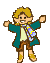 Pixel art character with blonde hair, teal coat, light shirt, brown pants, and yellow boots in four poses: arms raised, walking, back view, and side walk.