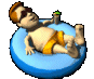 A cartoon character with brown hair and sunglasses reclines on a blue inflatable ring, holding a green-topped drink in one hand while wearing yellow swim trunks.
