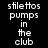 A 4-frame animated contact sheet showing a pixelated text animation with orange highlight bars moving across the phrase "stilettos pumps in the club" on black background.