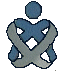 Blue and gray pixelated figure with X-shaped torso, arms crossed over chest in a tied pose, head as solid blue circle on light gray background.