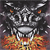 A pixelated static image shows a stylized animal head with glowing eyes above a fiery background, rendered in grayscale and warm tones.