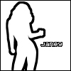 Black and white pixelated silhouette of a standing figure holding an object, with the name 'JANEY' in blocky text to the right.