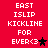 Red background with white pixelated text reading EAST ISLIP KICKLINE FOR EVER<3 and a star symbol, showing two animation states.