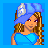 Pixel art of a woman with long brown hair wearing a blue crop top, blue shorts, and a blue cap with a white emblem, standing against a solid blue background.