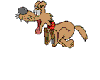 Animated cartoon dog in multiple poses holding a brown object, wearing red collar with silver buckle on gray background.