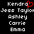 Pixelated text list of names with a red heart symbol replacing the 'o' in 'Kendra' on the left side, displayed on a black background.