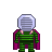 Pixel art of a character with a large silver helmet, green striped suit, and magenta cape standing against gray background.