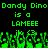 Green pixelated text and grass-like shapes on black background with repeated 'Dandy Dino' phrase.