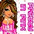 Pixelated female character with long brown hair, blue eyes, and pink top, surrounded by pink text and small pink crosses on white background.