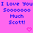 Pixelated text on a pink background with two heart symbols, displaying 'I Love You Soooooo Much Scott!' in blue and pink.