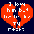 A pixelated red broken heart with white text reading "I love him but he broke my heart" on a dark blue background.