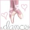 A static icon shows a person's lower legs and feet in pink ballet shoes, with two pink heart outlines on a white background and the word 'dance' in gray cursive script.