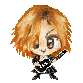 Pixelated chibi-style character with orange-brown hair holding a black electric guitar, shown in two sequential poses against gray background.