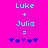 Pixelated cyan text 'Luke + Julia =' on bright pink background with five blue/purple star icons below.