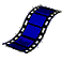 Two identical blue and black pixelated film strips with white sprocket holes, angled on a gray background.