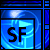 Blue-toned pixelated icon with 'SF' text over a glowing background and dark border elements.