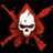 Pixelated skull icon with white bone structure and dark eye sockets, surrounded by red crossbones on black background.