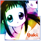 A cartoon-style character with large blue eyes and dark green hair, wearing a white top with pink accents, displayed in multiple color variations of the text "Yuki" below.