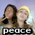 Two people pose together with peace sign and heart gesture, text overlays read 'peace' and 'love!', heart symbols with 'and' text in corner.