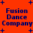 Red background with blue text "Fusion Dance Company" and plus signs in four quadrants, showing pixelated variations across repeated sections.