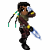 Pixelated character with dark braided hair and green-yellow accents holds a glowing blue orb, shifting from raised to extended pose