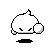 Pixelated white character with closed eyes and a rounded body, holding a circular object, standing on a black base.