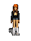 A pixelated character with orange hair in a black jacket, denim shorts, and white boots performs multiple poses against a gray background.