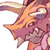 Pixelated close-up of a cartoon character's face with orange hair, purple skin, and sharp teeth against white background.