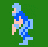 Pixelated character in blue and light blue clothing with peach accents, standing on green background across four