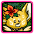 Pixelated cartoon fox-like creature with flower headpiece in three animation frames showing subtle facial expression changes against green foliage background.