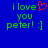 Blue background with green text reading 'i love you peter! :]' and a red pixelated heart symbol replacing the word 'heart' in the phrase.