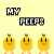 Pixel art chick icons with varying mouth expressions under 'MY PEEPS' text on a pale yellow background, some frames show orange or brown text outlines.