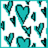 Pixelated teal and black heart shapes of varying sizes and orientations scattered across a white background with a teal border.