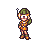 Pixel art character in two animation frames with green helmet, white goggles, orange-yellow outfit, and brown boots on gray background.
